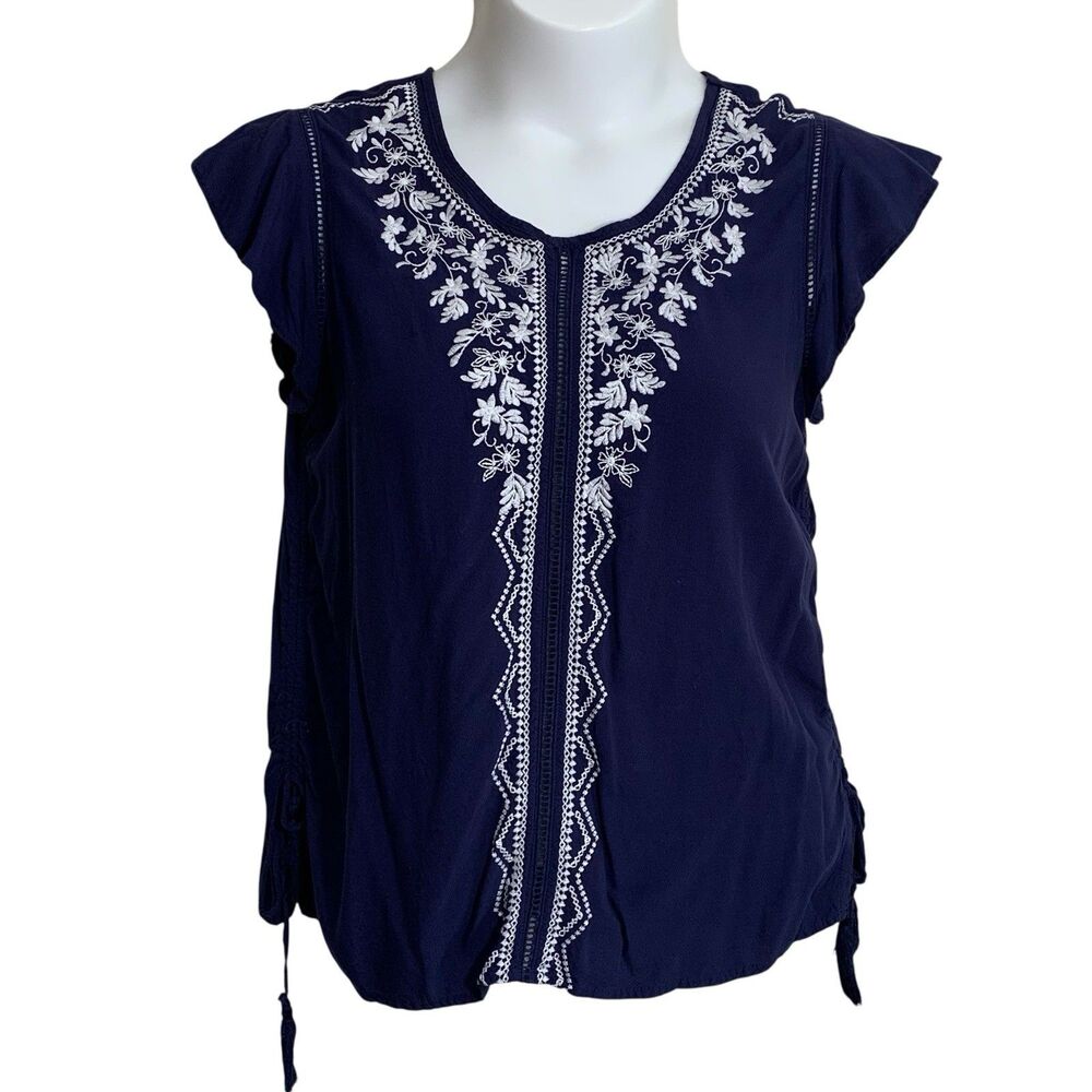 Fourteenth Place Blouse Womens Large Blue White Floral Embroidered Short Sleeve